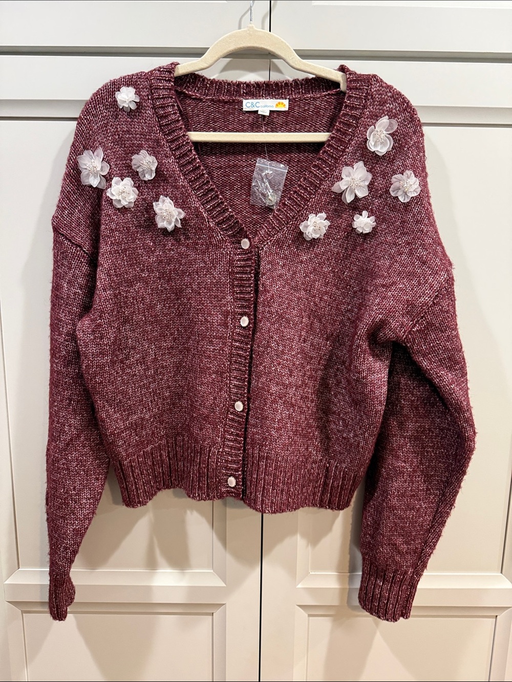 C&C California NEW 3D Floral Appliqué Cropped Cardigan Sweater Maroon Red size M
